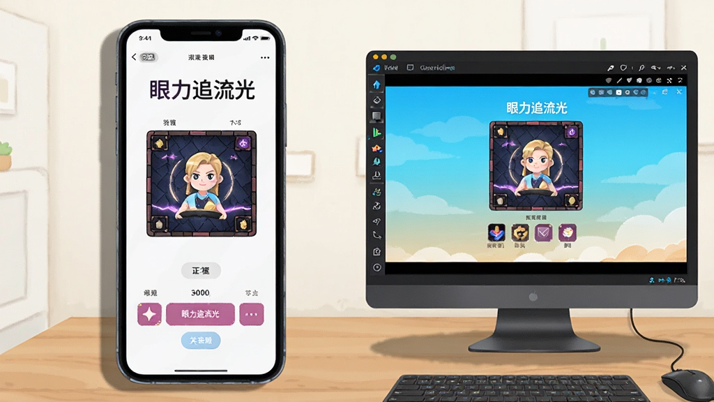 画面为手机与电脑并排摆放的桌面场景,手机屏幕显示“眼力追流光”关卡界面,电脑屏幕显示安卓模拟器运行同一应用,布局为左右对比构图,风格为简洁办公场景插画,细节包括桌面木纹、设备阴影、屏幕内容清晰可辨,画质干净明亮,无多余元素