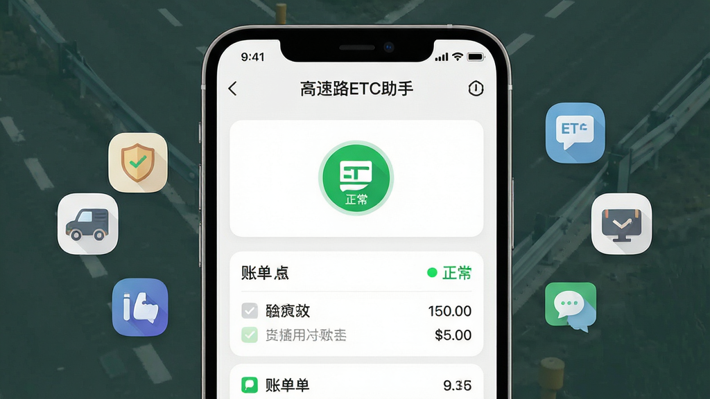 画面主体为一部手机屏幕特写,屏幕上显示“高速路ETC助手”的ETC状态页面,包含绿色正常标识与账单列表,布局为居中手机大图配左右两侧悬浮的图标元素,排版突出手机界面,风格为扁平化UI展示风格,细节包括界面卡片圆角、状态指示灯、账单条目清晰,画质高清、干净、无多余元素
