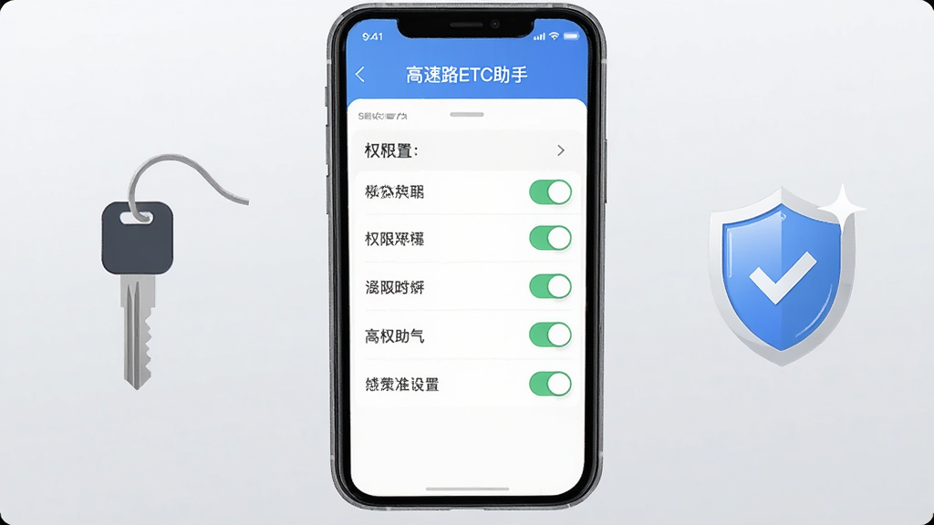 画面主体为一部手机屏幕显示“高速路ETC助手”设置页面,旁边放置一把钥匙与盾牌图标象征安全设置,布局为手机居中、图标左右环绕,排版对称稳定,风格为简洁扁平化信息图风格,细节包括权限开关列表、盾牌高光、背景浅灰渐变,画质高清、干净、无多余元素