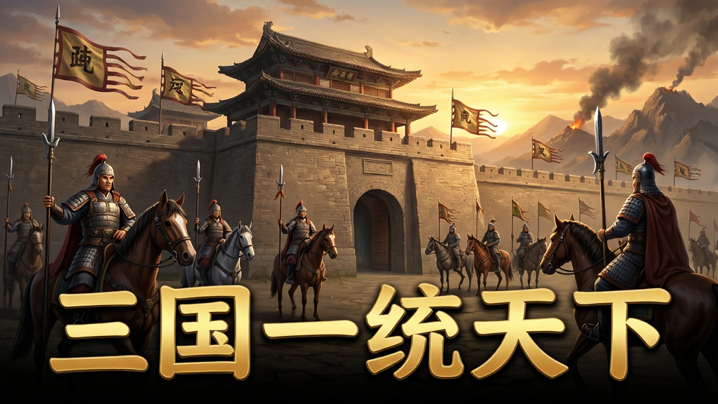 画面中央是一座雄伟的三国古城池,城墙高耸旌旗猎猎,城门外身着铠甲的武将骑马持枪列阵,远处群山连绵烽烟四起,天空呈黄昏暖色调,画面下方用醒目金色大字写