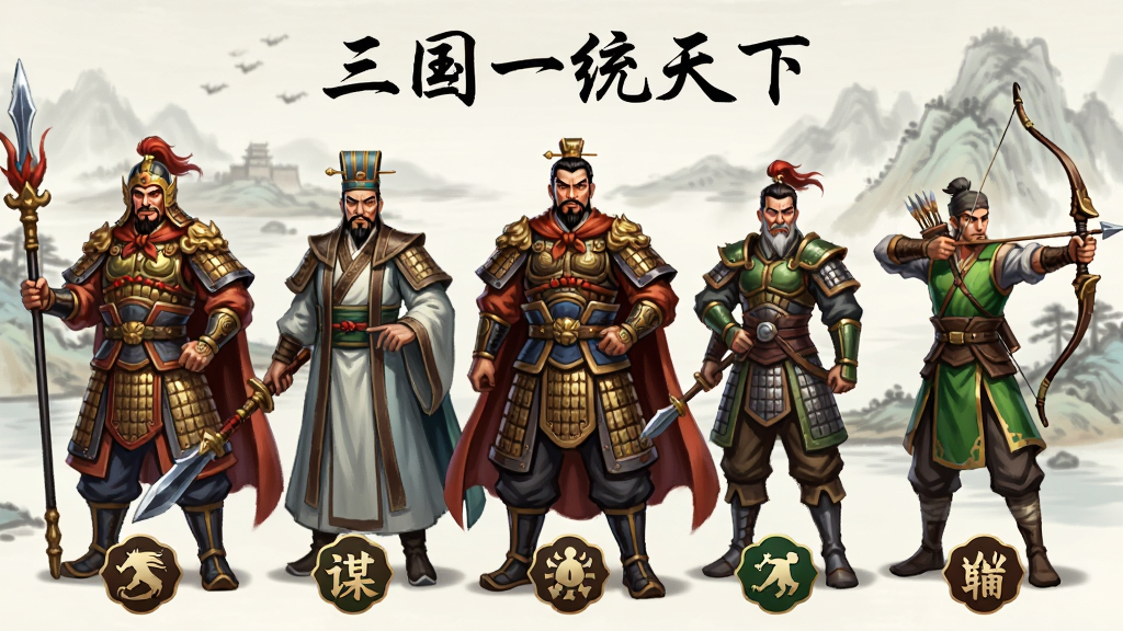 五位三国武将并排站立的角色展示图,从左到右分别为猛将、谋士、统帅、辅助、弓手造型,每人脚下有对应职业图标,背景为淡雅水墨山水,画面顶部写