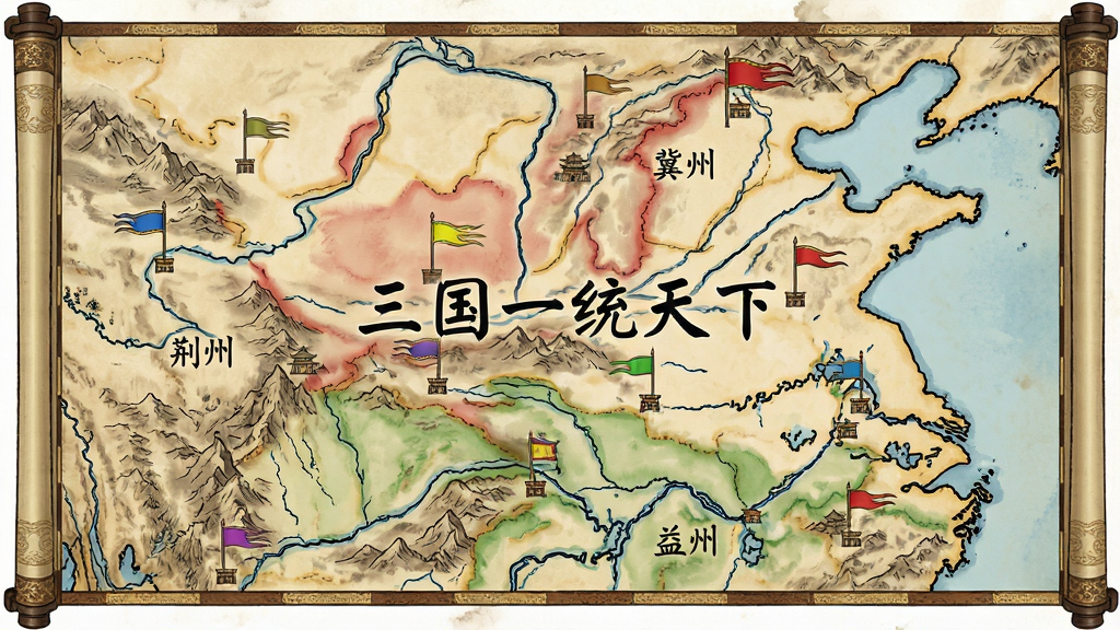 一张俯视角三国大地图,标注荆州、益州、冀州等州郡名称,城池用不同颜色旗帜区分势力,山川河流清晰可见,地图边缘有卷轴装饰纹样,画面中央写