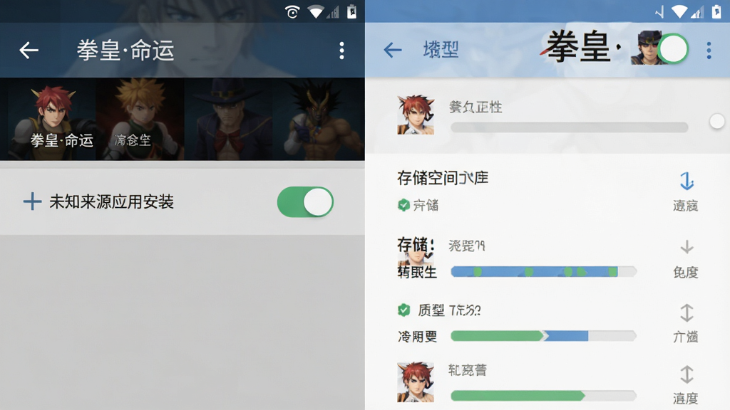 手机游戏安装设置界面示意图,画面展示安卓手机设置页面中“未知来源应用安装”开关与存储空间管理界面,背景简洁,图标清晰,配有“拳皇命运”文字标签,风格为扁平化UI示意图,画质清晰,干净无多余元素