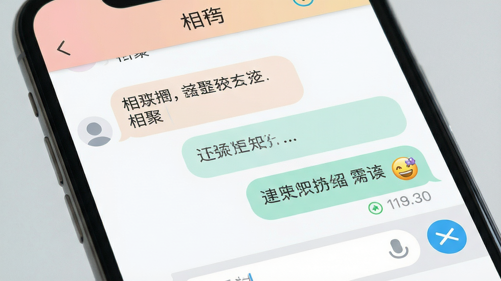 手机聊天界面特写,屏幕中显示“相聚”应用内的对话气泡,左侧为接收消息、右侧为发送消息,包含文字与表情内容,顶部标题栏显示联系人昵称,界面配色柔和,风格清爽扁平,细节包括时间戳、已读标记、输入框与发送按钮,画质清晰,干净,无多余元素