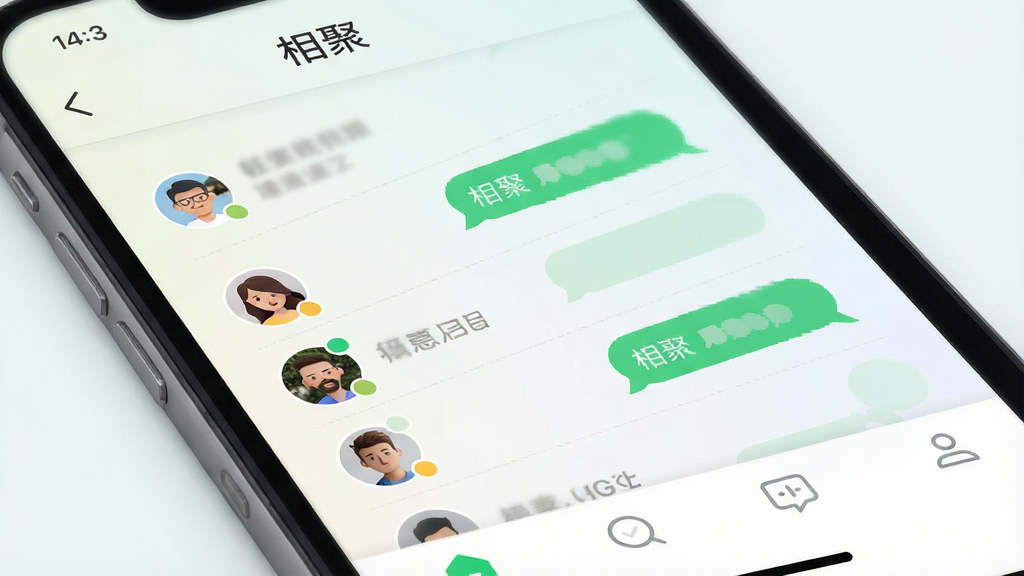 手机屏幕中央展示即时通讯应用界面,顶部显示“相聚”字样,界面包含聊天列表、联系人头像与消息气泡,背景为浅色渐变,布局简洁清晰,风格现代扁平化,细节包括圆形头像、绿色消息提示点、底部导航栏图标,画质高清,干净,无多余元素