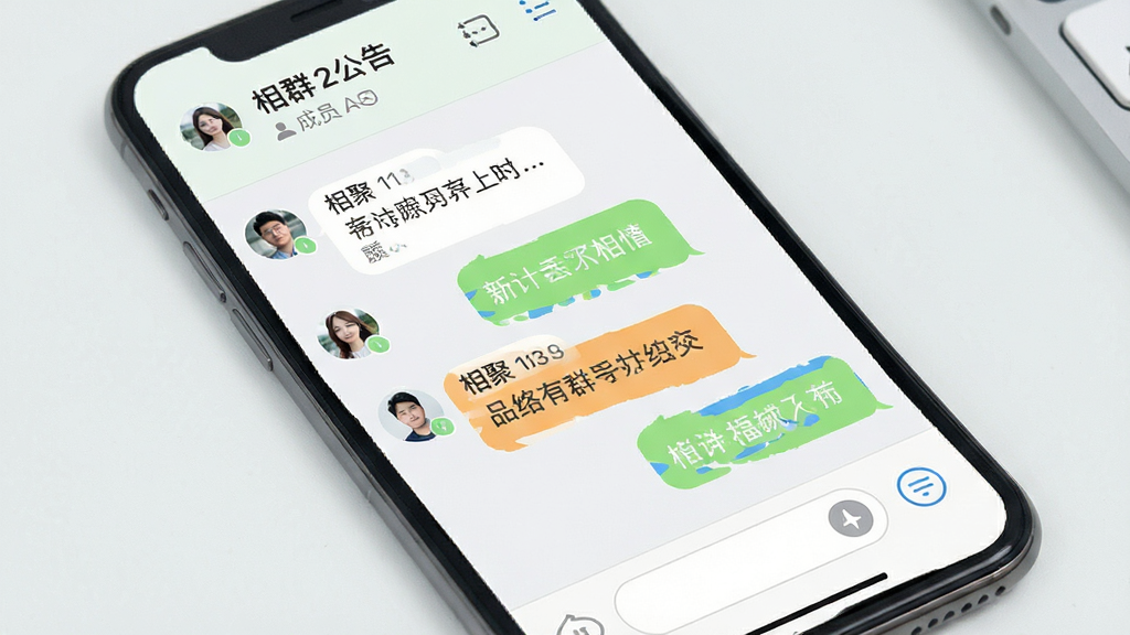 手机界面展示“相聚”群聊页面,顶部显示群名称与成员数量,聊天区域包含多条群消息与成员头像,底部为输入框与功能按钮,界面布局规整,风格清新浅色,细节包括群公告入口、成员列表图标、消息气泡颜色区分,画质清晰,干净,无多余元素