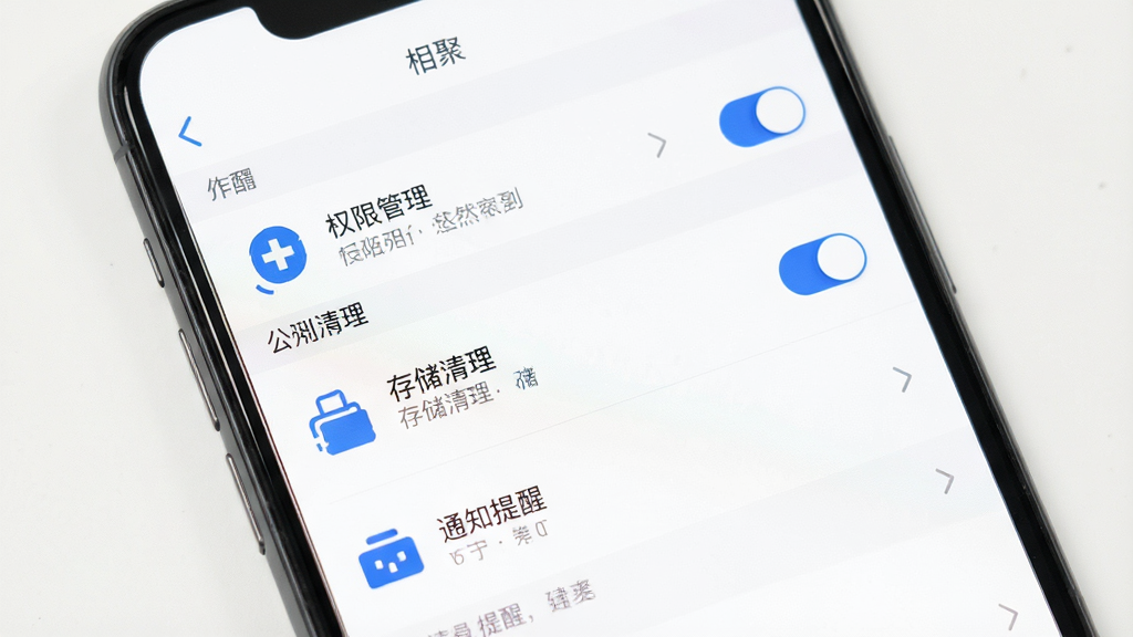 手机屏幕展示“相聚”应用设置页面,包含权限管理、存储清理、通知提醒等选项列表,界面为白色背景配蓝色图标,风格清爽素雅,细节包括开关按钮、箭头指示、分组标题,画质高清,干净,无多余元素