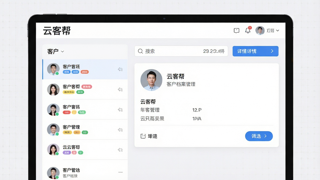 画面主体为“云客帮”客户档案管理界面,布局为左侧客户列表、右侧详情卡片的分栏式排版,风格为清爽浅色商务风,细节包括头像圆圈、彩色标签条、搜索框与筛选按钮,背景为浅灰白色带细微网格纹理,画质干净清晰无多余元素