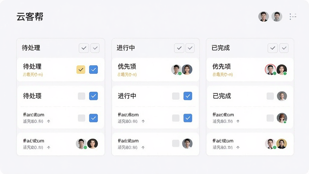 画面主体为“云客帮”任务看板界面,布局为三列看板式排版,风格为简约商务风,细节包括待处理、进行中、已完成三列卡片、优先级色标、勾选按钮与成员头像,背景为浅灰白配色,画质干净清晰无多余元素
