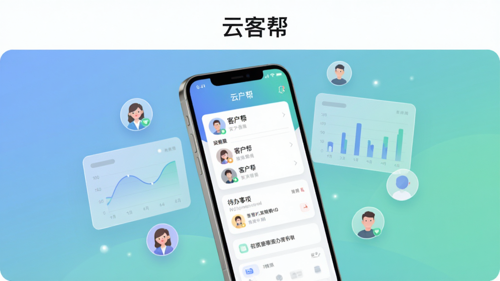 画面主体为一部竖屏智能手机,屏幕中央显示“云客帮”应用主界面,界面包含客户列表卡片与待办事项模块,手机周围环绕半透明的数据图表与联系人图标,布局为居中构图、手机略微倾斜,排版上顶部留白放置简洁标题区域,风格为现代扁平化科技风,细节包括柔和的蓝绿渐变背景、圆角卡片、细腻的投影与微光效果,画质清晰干净无多余元素