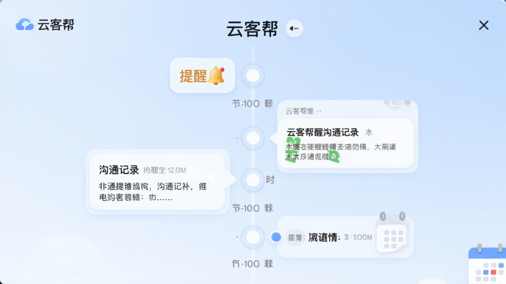 画面主体为“云客帮”跟进提醒功能界面,布局为居中时间轴式排版,风格为柔和圆角卡片风,细节包括时间节点圆点、提醒铃铛图标、沟通记录文本块与日历标记,背景为淡蓝色渐变,画质干净清晰无多余元素