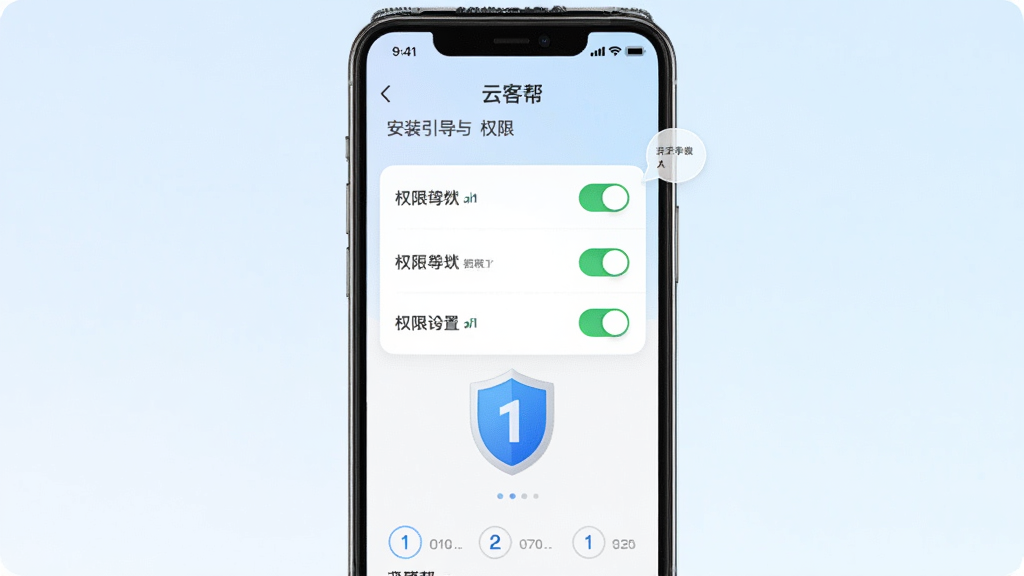 画面主体为“云客帮”安装引导与权限设置示意界面,布局为手机屏幕竖版居中排版,风格为简约说明风,细节包括权限开关列表、提示气泡、盾牌安全图标与步骤序号,背景为浅色渐变,画质干净清晰无多余元素