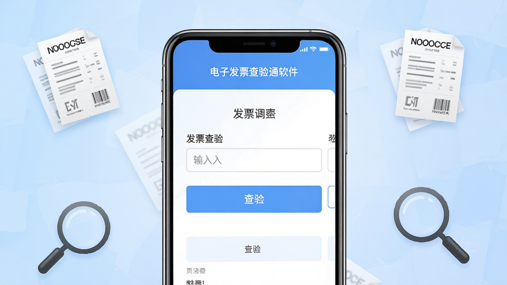 电子发票查验通软件主界面展示,手机屏幕居中放置,屏幕内呈现发票查验输入框与查验按钮布局,背景为浅蓝色渐变,周围点缀发票单据与放大镜图标,风格简洁商务,细节清晰,画质干净,无多余元素