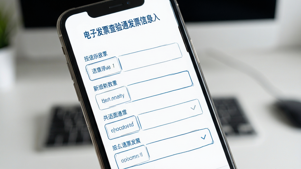 电子发票查验通发票信息录入界面,手机屏幕上排列多个输入框,每个输入框旁标注对应字段名称,界面配色为白底蓝字,风格清爽,细节清晰,画质干净,无多余元素