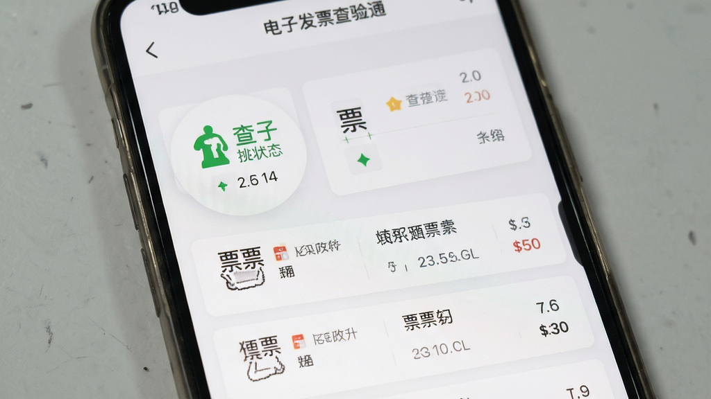 电子发票查验通查验结果页面展示,手机屏幕显示查验状态标识与票面信息列表,界面采用卡片式布局,背景为浅灰色,风格简约,细节清晰,画质干净,无多余元素