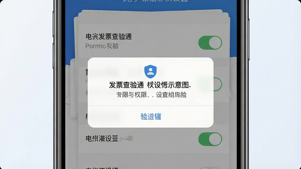 电子发票查验通安装与权限设置示意图,手机屏幕显示安装确认弹窗与权限开关界面,背景为浅色,风格简洁,细节清晰,画质干净,无多余元素