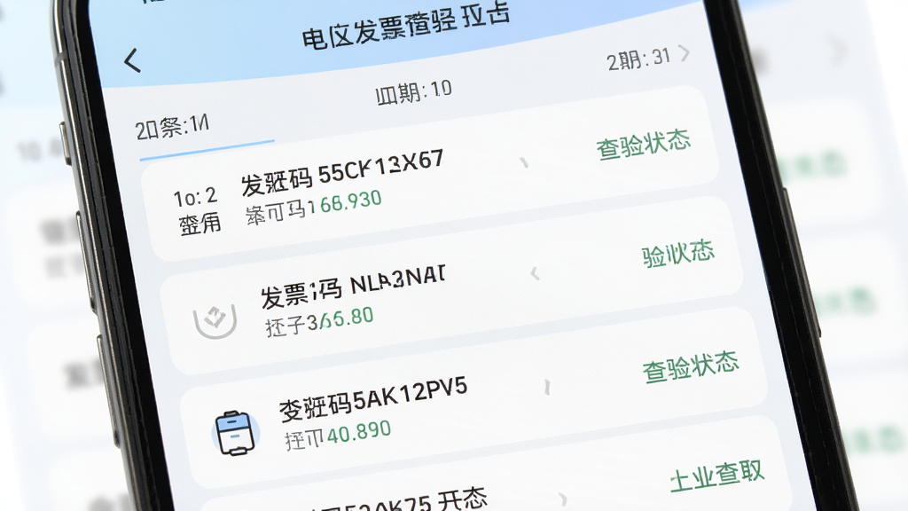 电子发票查验通历史记录列表界面,手机屏幕显示按时间排列的查验记录条目,每条记录包含发票号码与查验状态,界面配色柔和,风格清新浅色,细节清晰,画质干净,无多余元素