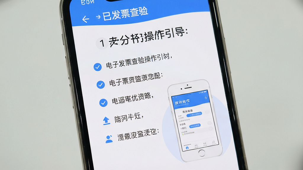 电子发票查验通操作引导提示界面,手机屏幕显示分步说明文字与示例图示,界面采用浅色背景与蓝色强调色,风格友好,细节清晰,画质干净,无多余元素