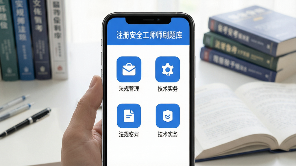 手机屏幕中央展示注册安全工程师刷题库应用界面,顶部标题栏写有注册安全工程师刷题库字样,下方排列法规管理技术实务四个科目入口图标,界面以蓝白配色为主,背景为书桌与备考书籍,风格简洁清爽,细节清晰,画质高清,干净无多余元素