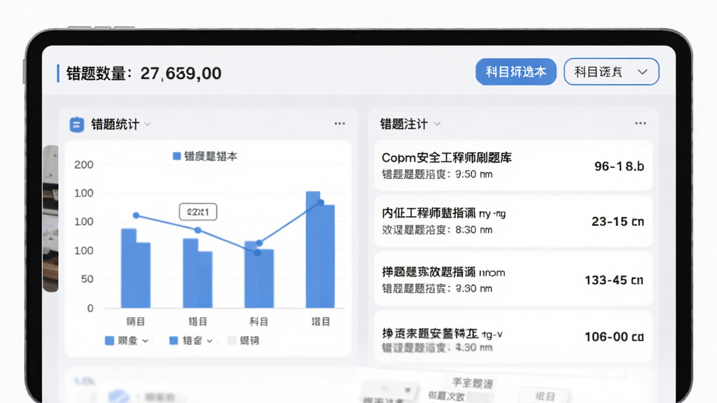 注册安全工程师刷题库错题本界面,屏幕展示错题统计图表和错题列表,顶部有错题数量统计和科目筛选按钮,列表项显示题目摘要和错误次数,界面以浅灰色为底,配以蓝色强调色,风格清新简洁,画质高清,干净无多余元素