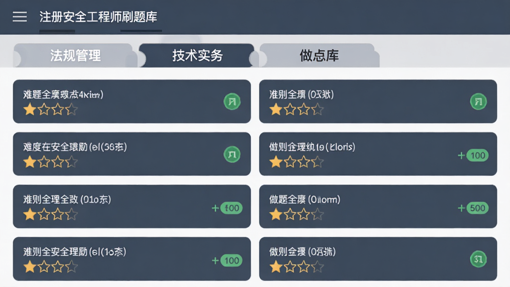 注册安全工程师刷题库应用内题库列表页面,屏幕显示法规管理技术实务四个分类标签,下方整齐排列多道试题条目,每道题带有难度星级和做题状态标记,界面风格扁平化,配色沉稳专业,画质清晰,干净无多余元素