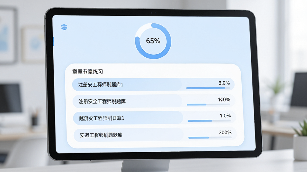 注册安全工程师刷题库章节练习界面,屏幕显示章节列表和进度条,每个章节旁标注题目数量和完成百分比,顶部有总体学习进度环形图,界面风格柔和圆角,配色以浅蓝和白色为主,画质高清,干净无多余元素