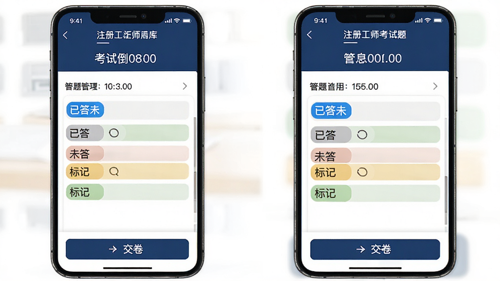注册安全工程师刷题库模拟考试界面,手机屏幕显示考试倒计时和答题卡,答题卡上以不同颜色标记已答未答和标记题目,底部有交卷按钮,界面风格严肃专业,配色以深蓝和白色为主,画质清晰,干净无多余元素