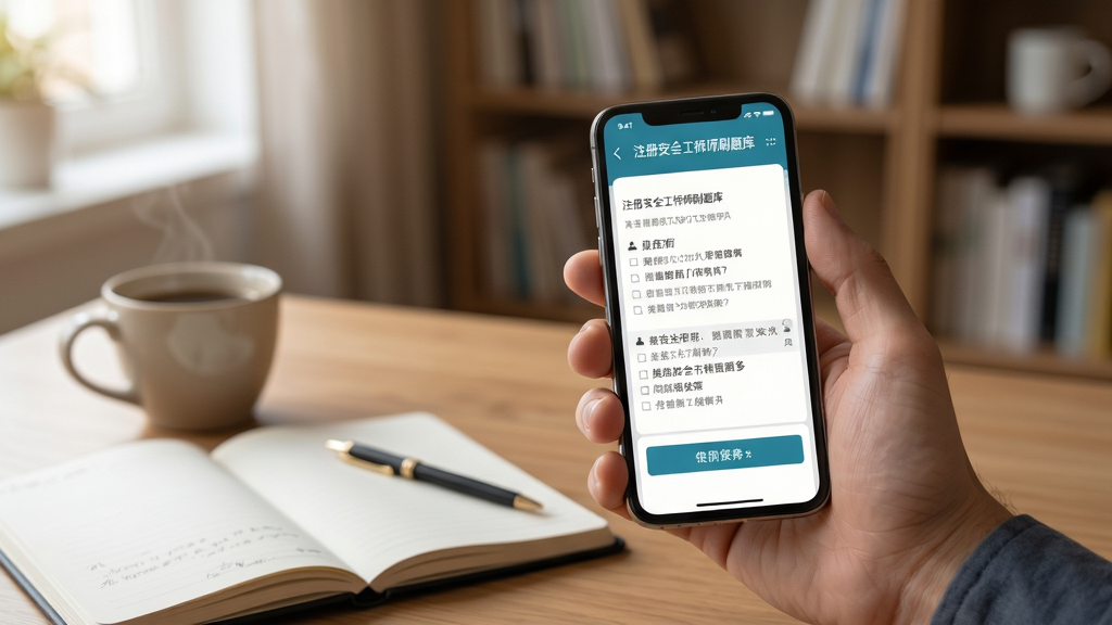 注册安全工程师刷题库手机端使用场景图,一只手握持手机屏幕显示刷题界面,背景为书房环境,桌面摆放笔记本和咖啡杯,画面风格生活化,光线柔和,画质高清,干净无多余元素