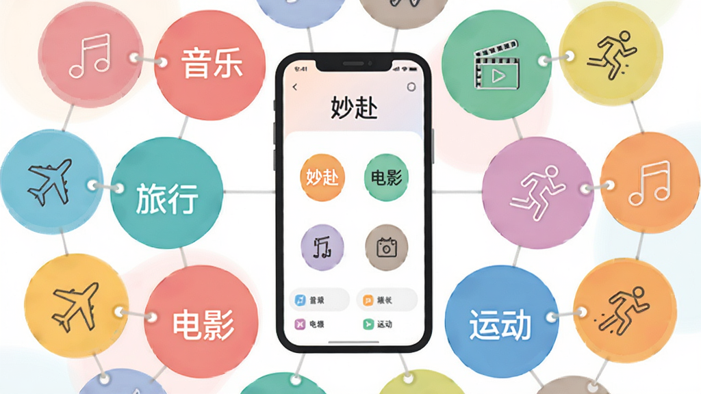 一张表现兴趣标签匹配概念的插画,画面主体为多个彩色圆形标签围绕一部手机排列,标签上写有“音乐”“旅行”“电影”“运动”等字样,手机屏幕显示“妙赴”的匹配结果页面,布局采用中心放射式构图,风格为清新扁平插画,细节包含细线条图标与柔和配色,画质清晰,画面干净,无多余元素