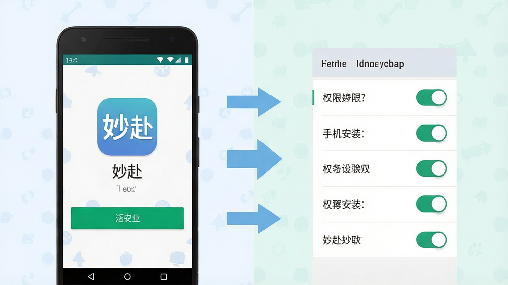 一张展示手机应用安装与权限设置流程的示意图,画面分为左右两部分,左侧为安卓手机安装界面,右侧为权限开关列表,屏幕内出现“妙赴”应用图标与安装按钮,布局为对比式构图,风格为扁平化信息图,细节包含箭头指引与浅色背景,画质清晰,画面干净,无多余元素