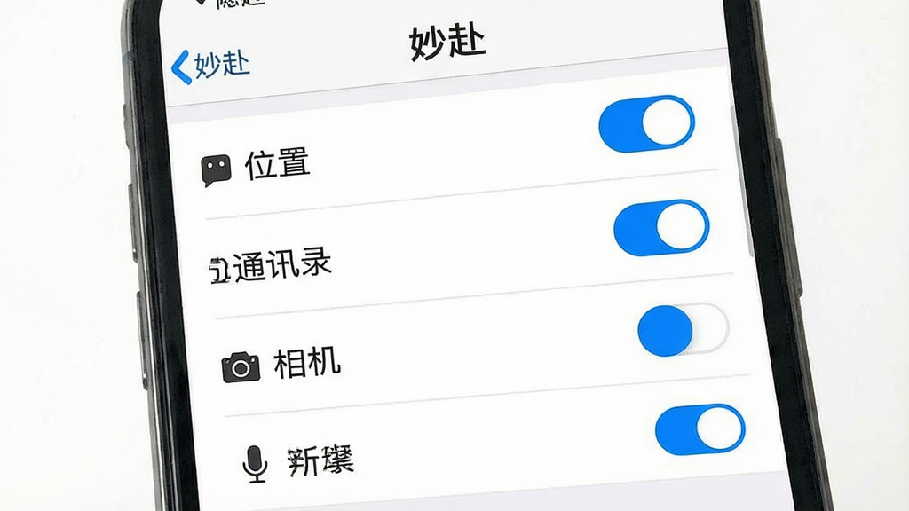 一张表现隐私设置界面的示意图,画面为手机屏幕特写,屏幕内展示“妙赴”的隐私权限开关列表,包含位置、通讯录、相机、麦克风等条目,每个条目右侧有开关按钮,布局为纵向列表式,风格为简洁商务风,细节包含浅灰色分割线与蓝色高亮开关,画质清晰,画面干净,无多余元素