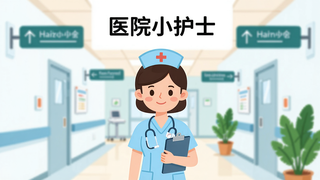 主体为一名身穿浅蓝色护士服的卡通女性角色站在明亮医院走廊中央,布局采用竖版手机屏幕比例,上方留白放置标题文字“医院小护士”,排版简洁居中,风格为扁平化卡通插画,细节包括护士帽、病历夹、背景中的科室指示牌与绿植,画质清晰干净,无多余元素