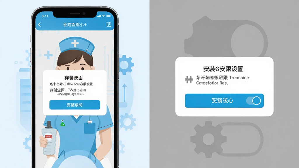 主体为手机屏幕展示医院小护士主界面与安装权限设置弹窗,布局为左右对比构图,左侧为应用界面,右侧为权限开关示意,排版清晰分区,风格为科技感扁平插画,细节包括存储空间提示、安装按钮与设置齿轮,画质干净整洁,无多余元素