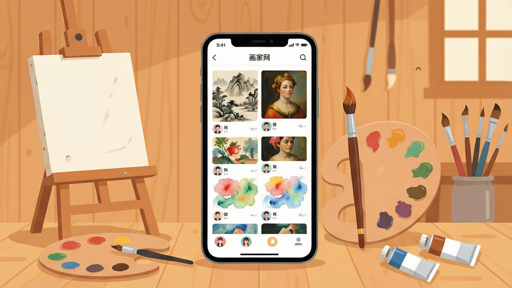 一幅展现移动端艺术社区应用界面的场景插画,画面中央是一部竖屏智能手机,屏幕上显示着“画家网”应用的作品瀑布流页面,包含国画、油画、水彩等作品缩略图与用户头像,手机周围环绕着画架、调色盘、毛笔、颜料管等绘画工具,背景为暖色调的木质工作室环境,布局采用中心构图,手机位于视觉焦点,四周元素呈环绕式排布,风格为现代扁平化插画,细节丰富,色彩柔和,画质清晰,干净整洁,无多余元素