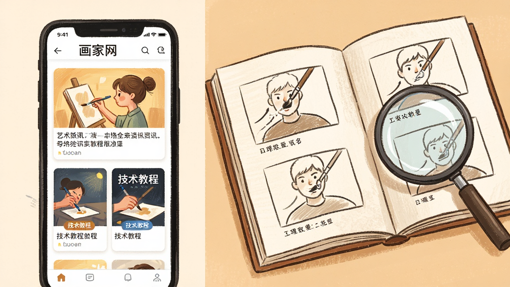 一幅表现“画家网”资讯与教程板块的场景图,画面左侧为一部手机,屏幕显示艺术资讯列表与技法教程封面图,右侧为翻开的画册与放大镜,画册上呈现绘画步骤分解图,布局为左右分栏式构图,风格为温暖的手绘插画风,细节包括纸张纹理与笔触质感,画质清晰,干净整洁,无多余元素
