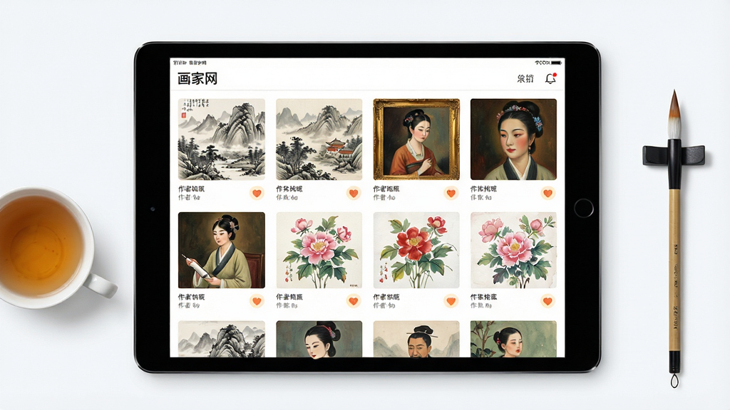 一幅展示“画家网”应用内作品浏览页面的界面示意图,画面主体为一部横放的平板设备,屏幕上呈现网格状作品展示墙,包含山水国画、人物油画、花鸟水彩等不同风格画作缩略图,每幅画下方带有作者昵称与点赞图标,设备旁边放置着一杯茶与一支毛笔,布局为设备居中、道具点缀两侧,风格为清新简约的数码产品展示风,细节清晰,画质细腻,干净明亮,无多余元素