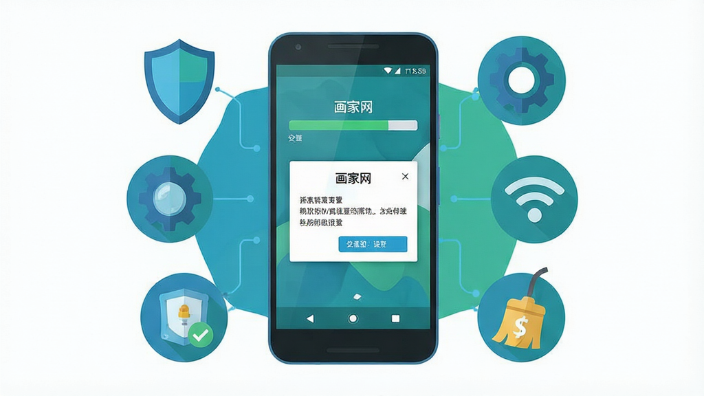 一幅描绘手机应用安装与使用注意事项的示意图,画面中央为一部安卓手机,屏幕显示“画家网”安装进度条与权限设置弹窗,手机周围分布着盾牌、齿轮、WiFi信号、缓存清理图标等元素,布局为手机居中、图标环绕四周,风格为科技感扁平插画,色彩以蓝绿为主,细节清晰,画质干净,无多余元素