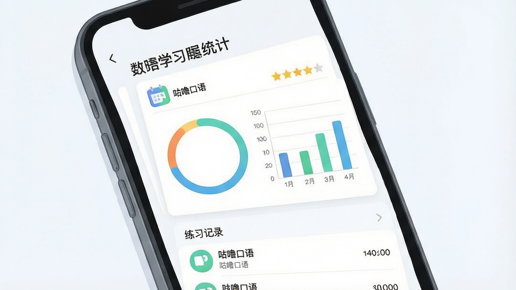 一张展示学习数据统计界面的手机应用截图风格插画,主体为手机屏幕上的进度图表,布局为上方标题、中部环形进度与柱状图、底部练习记录列表,排版规整,风格为简洁数据可视化设计,细节包含