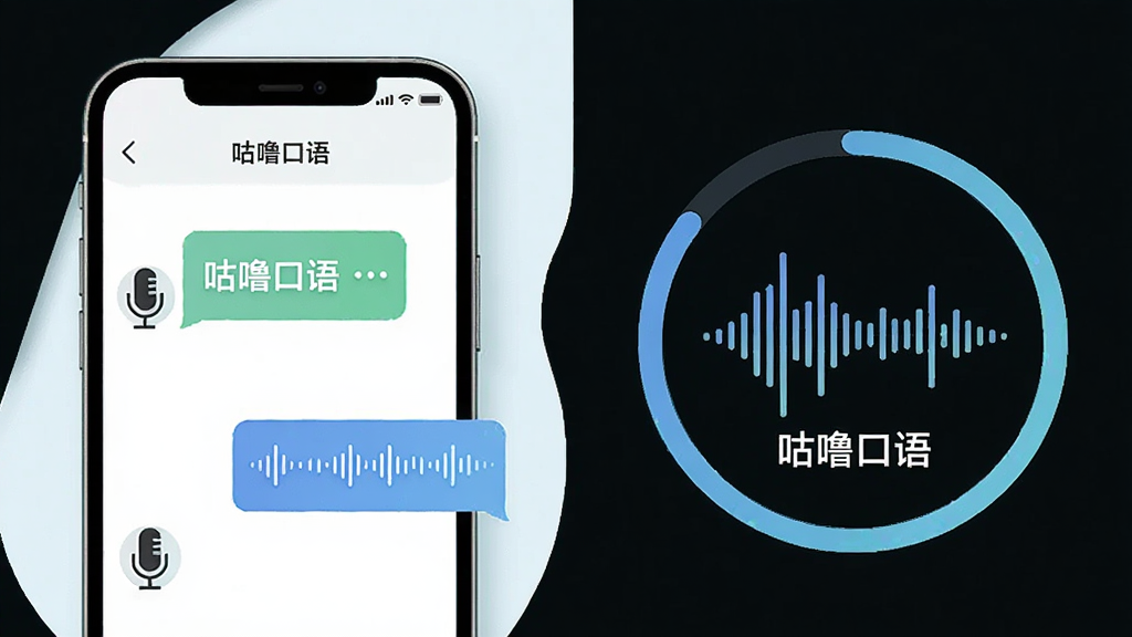 一张展示AI语音对话练习场景的插画,主体为手机屏幕与对话气泡,布局为左侧手机、右侧发音波形与评分圆环,排版左右分栏,风格为清新科技感插画,细节包含麦克风、声波线条、