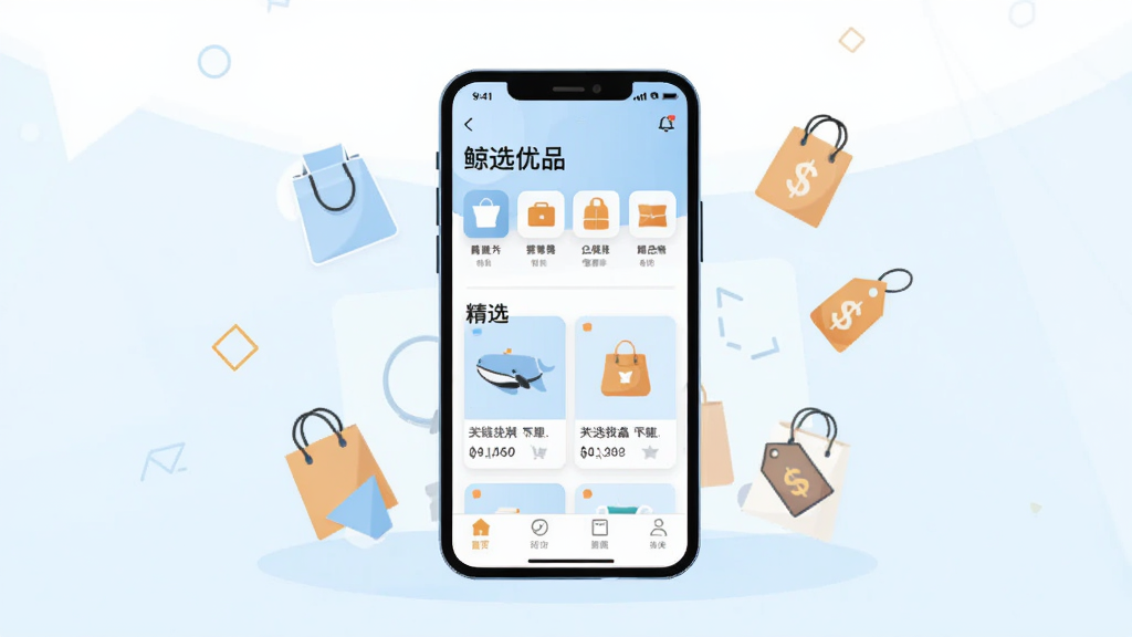 画面主体是一部智能手机,屏幕中央展示“鲸选优品”应用首页界面,界面包含商品分类图标、精选商品卡片和底部导航栏;手机周围以浅色几何图形和购物袋、价格标签等小元素点缀,布局采用居中构图、上方留白;整体风格为清爽的扁平化插画风,色调以浅蓝、白色和少量橙色为主;细节上突出应用界面的整洁排版与商品卡片层次;画质清晰、干净、无多余元素