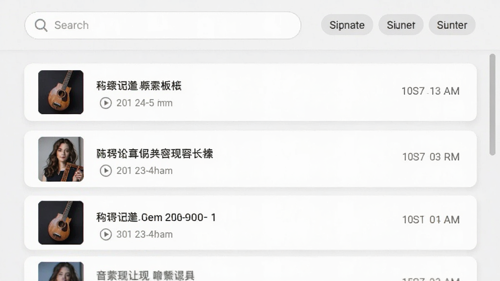 音搜软件的历史记录页面截图风格渲染图,列表展示多条歌曲识别记录,每条包含歌曲名与识别时间,界面采用浅色卡片式布局,顶部有搜索框与筛选标签,风格清爽,画质清晰