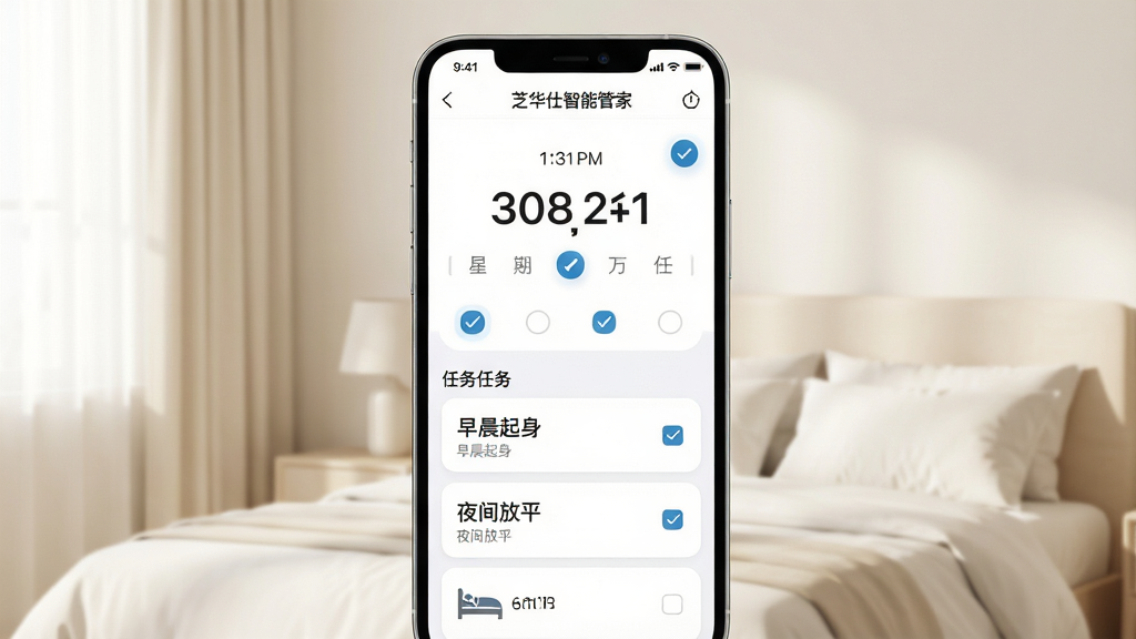 画面主体为手机竖屏显示“芝华仕智能管家”定时任务设置页面,页面上方是时间选择器与星期勾选栏,下方是任务列表卡片,卡片上写有“早晨起身”“夜间放平”等文字标签;布局为手机居中特写,背景为浅色卧室一角;排版层次分明,时间信息突出;风格为清爽移动应用界面展示风;细节上勾选框有选中高亮、卡片圆角柔和、背景有轻微光影;画质高清干净,无多余元素