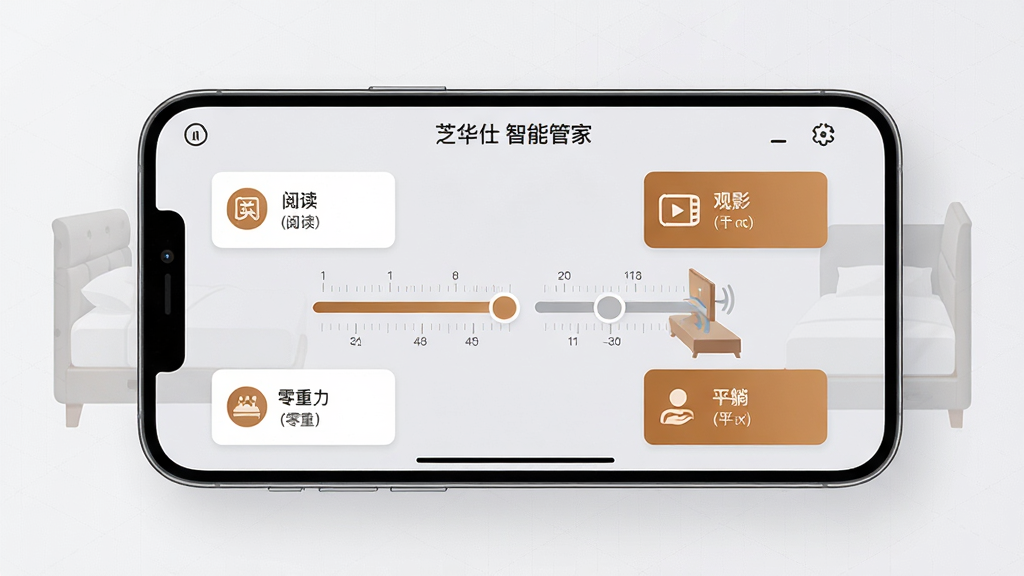 画面主体为一部手机横屏展示“芝华仕智能管家”姿态调节界面,屏幕中央是床头与床尾两个角度滑杆,周围环绕阅读、观影、零重力、平躺四张模式卡片;布局为手机居中、左右两侧以半透明线条勾勒床体轮廓示意;排版简洁,功能模块分区明确;风格为扁平化科技UI展示风,配色以浅灰与品牌暖色为主;细节上滑杆刻度清晰、卡片图标精致、背景有细微网格纹理;画质高清干净,无多余元素