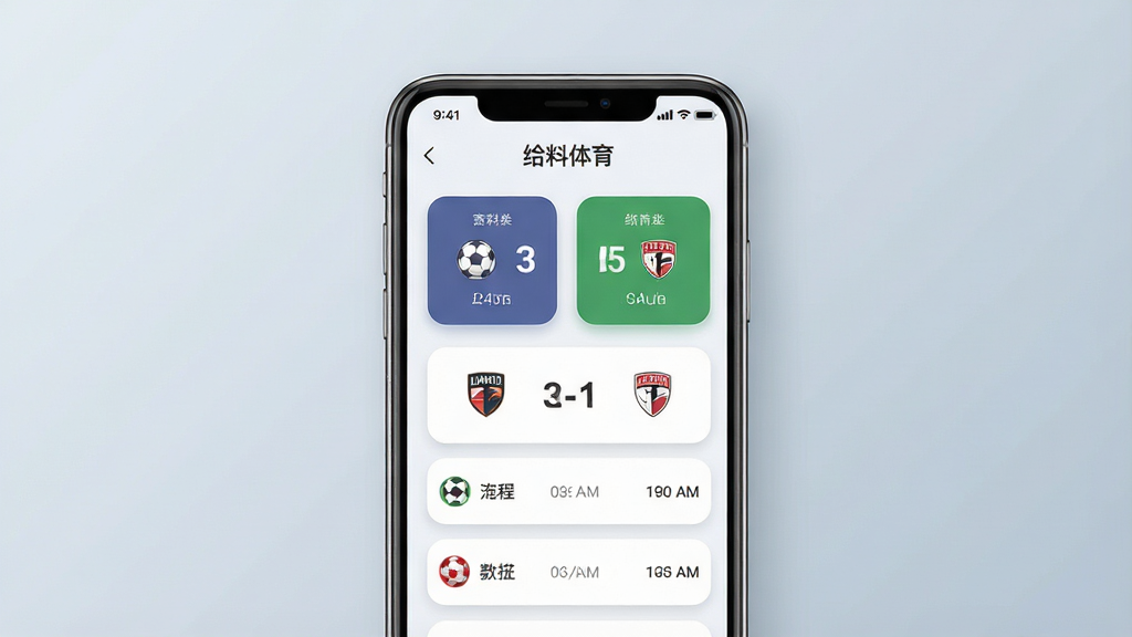 一张手机应用界面展示图,画面中央是一部竖屏智能手机,屏幕内显示体育赛事列表页面,顶部有