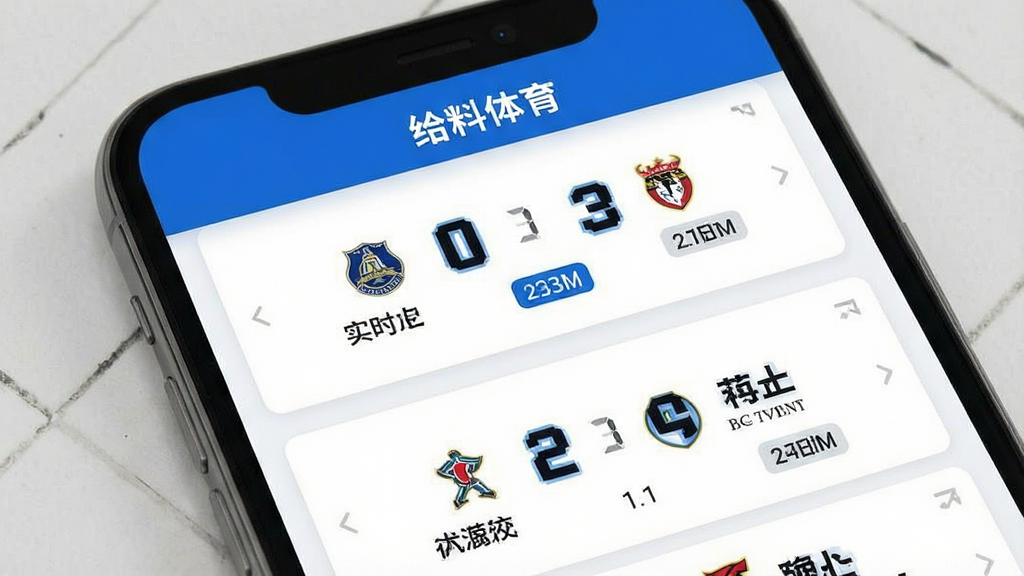 一张体育数据看板风格的界面图,画面主体为手机屏幕内的比分列表,屏幕上方显示