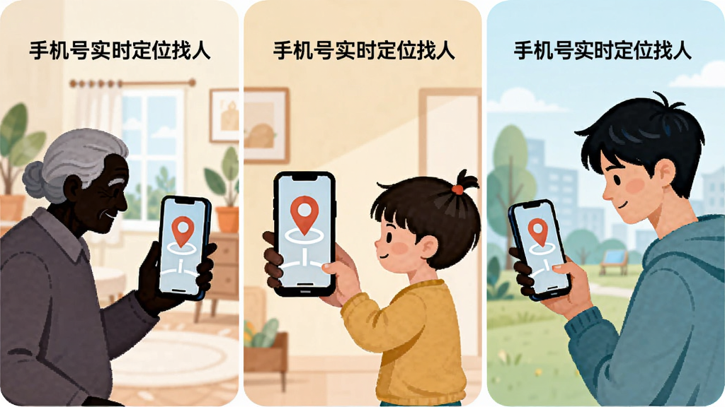 画面分为三个并列场景卡片,分别展示老人、儿童和年轻人使用手机定位的场景,每张卡片上有