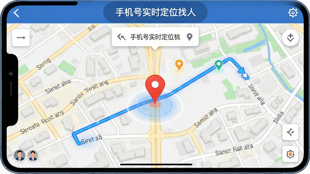 画面展示一张电子地图界面,地图上有红色定位标记和蓝色追踪轨迹线,界面顶部显示