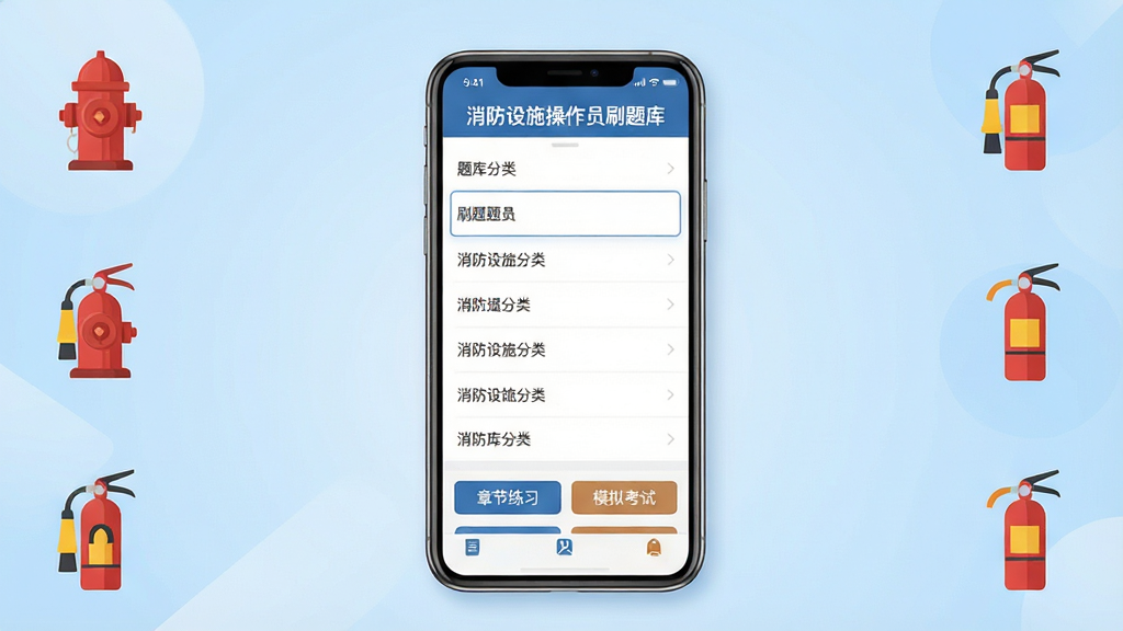 一张展示消防设施操作员刷题库软件主界面的手机截图风格图片,画面中央是一部竖屏手机,屏幕内显示题库分类列表和“章节练习”“模拟考试”按钮,背景为浅蓝色渐变,周围点缀消防栓、灭火器等扁平化小图标,风格简洁清新,细节清晰,画质干净,无多余元素,文字内容为“消防设施操作员刷题库”