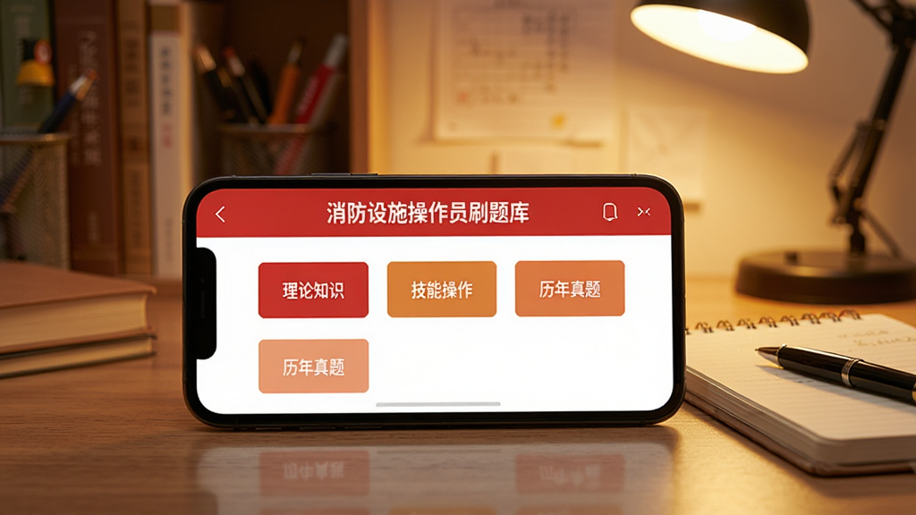 一部手机横放在书桌上,屏幕显示消防设施操作员刷题库的题库分类页面,页面中可见“理论知识”“技能操作”“历年真题”等栏目,旁边放着笔记本和笔,背景为温馨的暖色书房环境,风格写实,细节丰富,画质清晰,文字内容为“消防设施操作员刷题库”