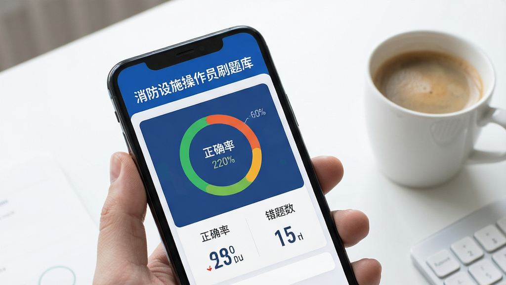 手机屏幕展示消防设施操作员刷题库的模拟考试成绩报告页面,页面中有环形得分图表和“正确率”“错题数”等数据展示,背景为简洁的白色桌面,旁边有一杯咖啡,风格现代简约,细节清晰,画质干净,文字内容为“消防设施操作员刷题库”